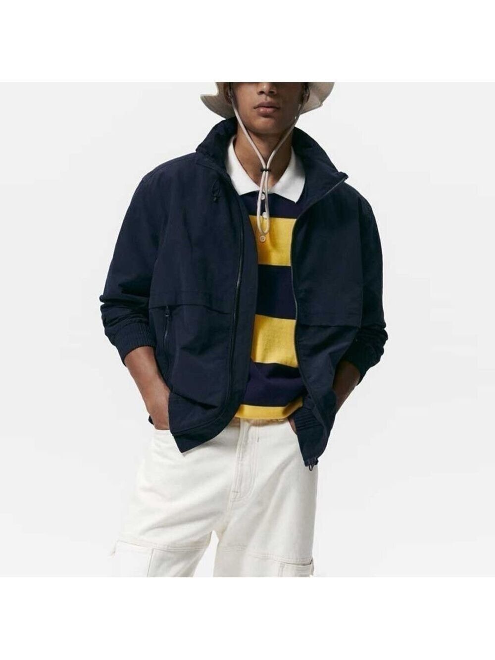 Zara Technical Navy Blue Windbreaker Jacket with Hidden Hood
